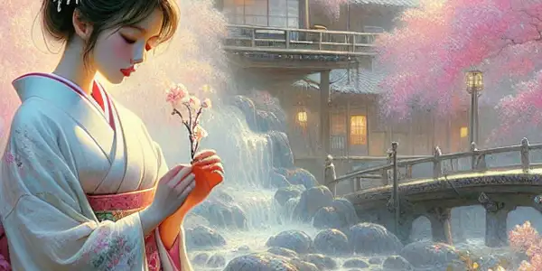 A serene woman named Hana reflects in a cherry blossom garden, surrounded by traditional Japanese architecture.