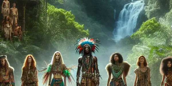 A vibrant jungle scene with diverse individuals in tribal attire dancing amidst lush foliage and a distant waterfall.