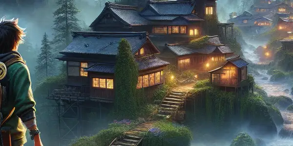 A young Japanese adventurer stands at the edge of a misty mountain village, surrounded by lush greenery and glowing lanterns.