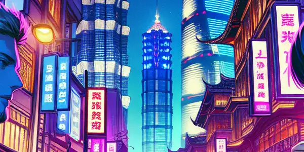 A vibrant, neon-lit Shanghai street showcasing adult entertainment culture with stylish locals and a mix of architecture.