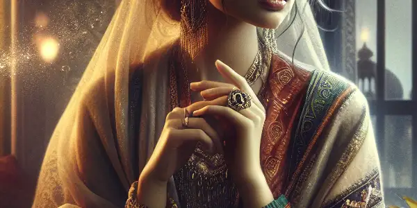 A captivating woman in a romantic, softly lit room, expressing innocence and allure amidst themes of desire and longing.