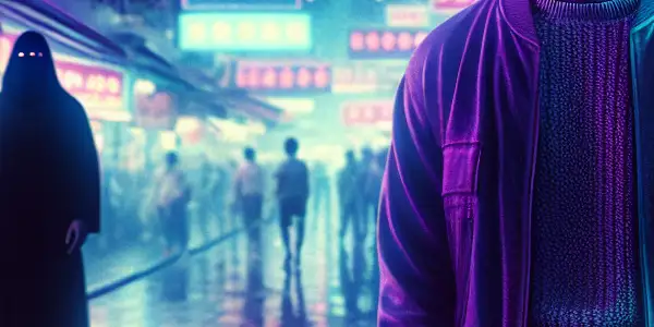 A young man explores a vibrant, neon-lit Hong Kong street, surrounded by intrigue, adventure, and flirtatious encounters.