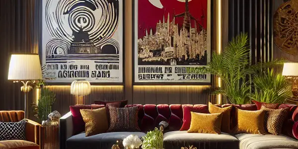 A luxurious living room with bold colors, film posters, and ambient lighting, designed for adult film enthusiasts.