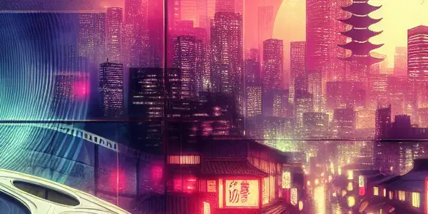 A vibrant digital landscape featuring neon city lights, vintage film reels, and silhouettes of Japanese motifs celebrating adult entertainment culture.