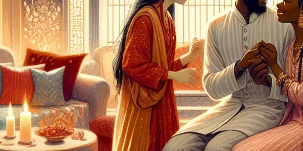 An intimate, luxurious room with three diverse figures sharing a passionate connection amidst warm, romantic lighting.