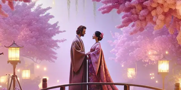 A romantic Japanese garden scene with a couple in kimono, surrounded by lilac trees and cherry blossoms.