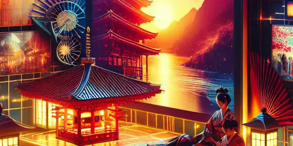 A vibrant digital platform showcasing Asian-themed adult content with cinematic elements and cultural motifs.