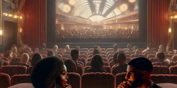 A stylish couple converses in a vintage cinema filled with iconic movie posters and a lively audience.