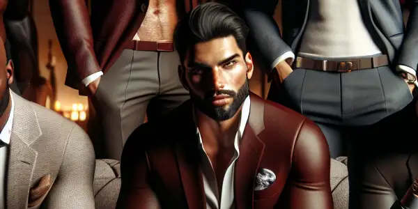 A group of handsome, athletic men exuding confidence in a luxurious, sultry lounge setting.