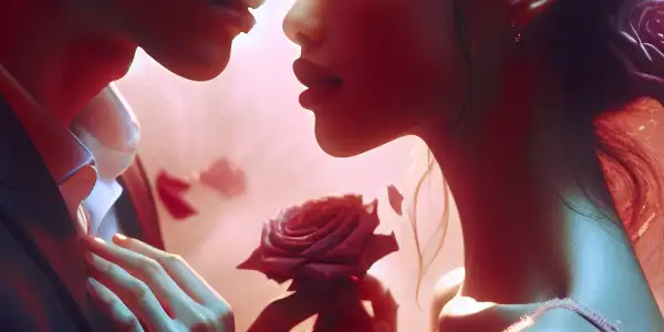 A couple in a tender embrace surrounded by rose petals, evoking passion and intimacy with warm pink and cool blue tones.