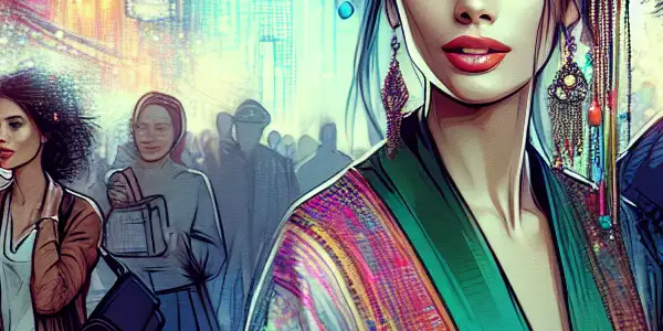 A serendipitous encounter between two surprised characters in a vibrant urban setting.