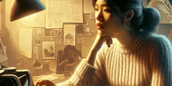 A young Asian woman writes passionately in a cozy, dimly-lit room filled with vintage typewriters and evocative imagery.