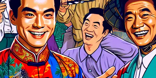 A lively film set featuring a charismatic male lead and glamorous female co-star in a humorous, vibrant scene.