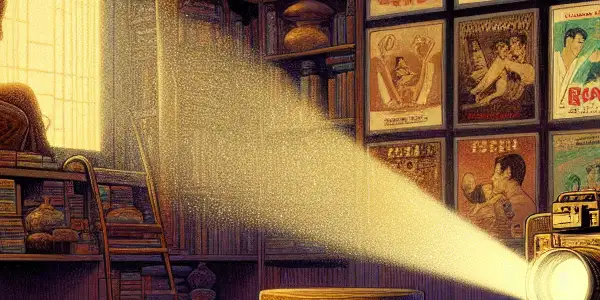 An intimate viewing room showcasing a vintage projector, Japanese AV film, and colorful erotic film posters.