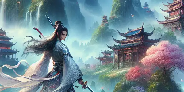 A fierce female warrior in flowing robes wields a sword amidst a lush, mystical landscape of mountains and cherry blossoms.