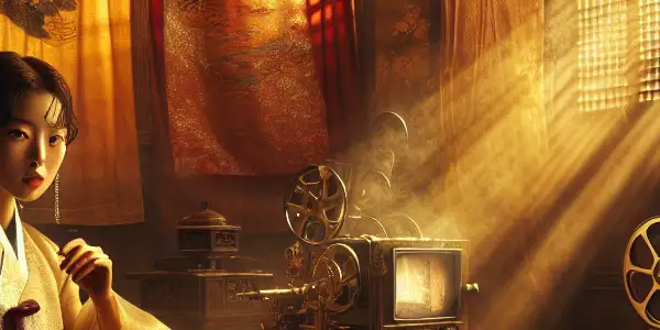 A graceful Asian actress in a vintage outfit gazes thoughtfully in a dimly lit, traditionally decorated room.