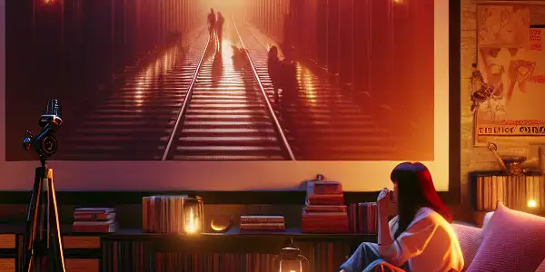 A cozy room with plush cushions, a large screen, vintage AV posters, and a figure enjoying a film.