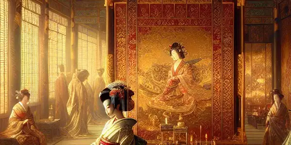 An elegant figure in traditional Japanese attire poses in a lavish ancient palace, surrounded by ornate architecture and mythical elements.