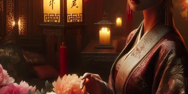 Empress Dowager Cixi in an ornate palace, engaging in a secretive meeting with a handsome courtier, surrounded by opulence.