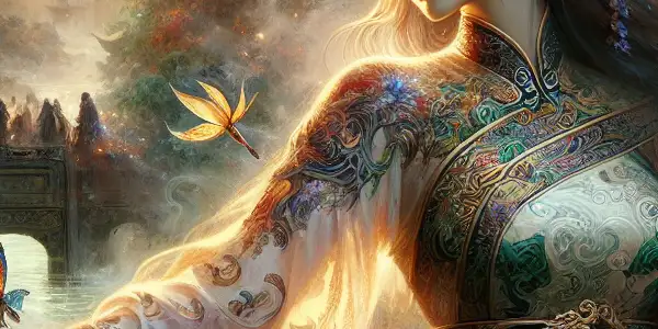 Huang Rong in an elegant dress stands in a mystical landscape, surrounded by flowers and lanterns, exuding allure and mystery.