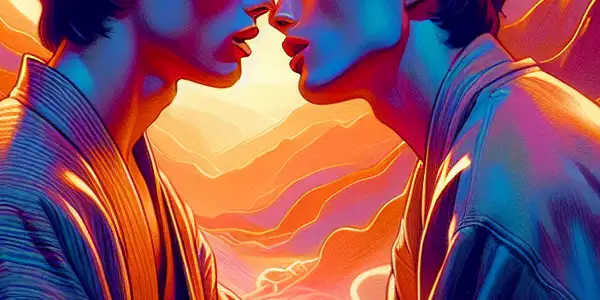 Two male characters share an intimate moment in a romantic outdoor setting at sunset, surrounded by flowers and steam.