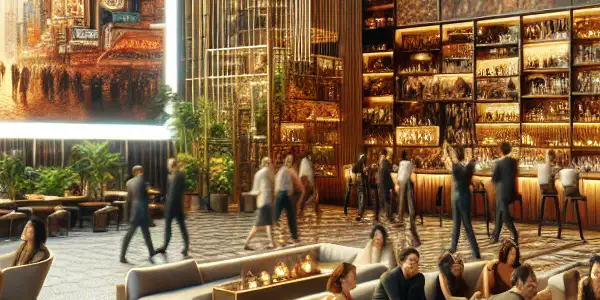 A luxurious lounge filled with diverse people discussing adult films, featuring stylish decor and a cinematic montage.