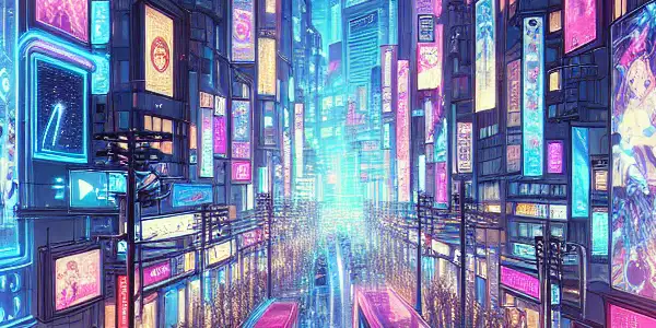 A vibrant, neon-lit futuristic cityscape at night, bustling with diverse nightlife and dynamic entertainment elements.