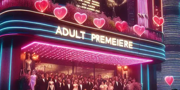 A glamorous red carpet premiere for the adult film "Tokyo Romance," filled with stylish attendees and vibrant neon lights.