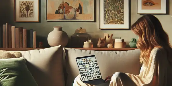 A cozy home setting with a person browsing a laptop for Japanese adult films, surrounded by warm decor and ambiance.