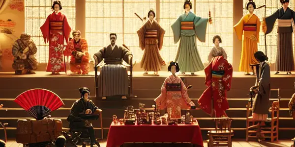 A lively Japanese adult film set featuring actors, colorful costumes, and safety condoms as key props.