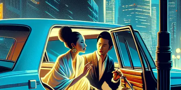A stylish couple shares an intimate moment in a modern Japanese car under a city streetlight at night.