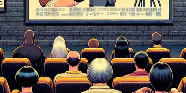 A cozy retro viewing area with diverse individuals watching an iconic Japanese adult film, emphasizing allure and health safety.