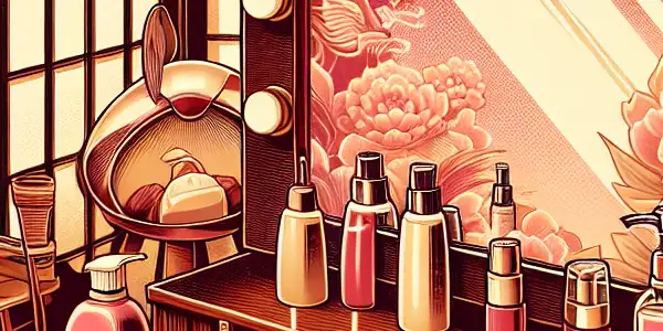 A retro-inspired film set featuring a vanity table with hygiene products, emphasizing safety in adult entertainment.