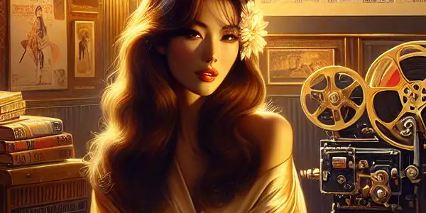 A nostalgic vintage Japanese film scene featuring an elegant actress in a cozy, retro-decorated room.