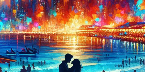 A vibrant urban island at sunset, featuring romance, adventure, neon lights, and playful interactions among diverse people.
