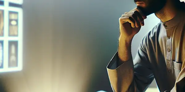 A young adult in a dim room grapples with internal conflict, illuminated by an open Bible and a flickering screen.