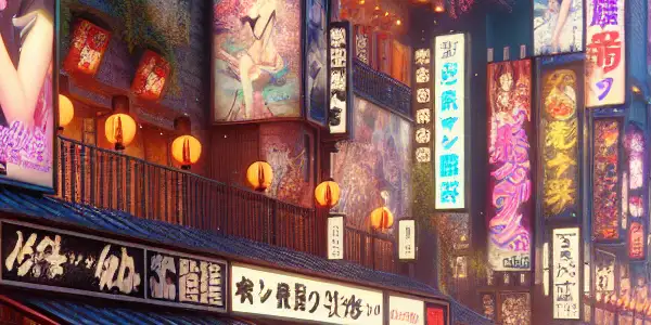 A bustling Tokyo street filled with neon lights, diverse tourists, and a mix of traditional and modern architecture.