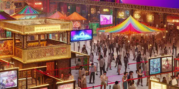 A lively exhibition hall at the 2023 Mexico Adult Entertainment Expo, featuring a Japanese AV star engaging with fans.