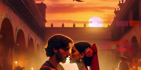 A passionate couple shares an intimate moment in a colorful Mexican market at sunset, surrounded by vibrant cultural elements.