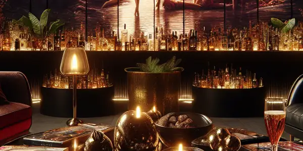 A luxurious lounge featuring elegant decor, adult film DVDs, and a captivating screen, evoking allure and intimacy.