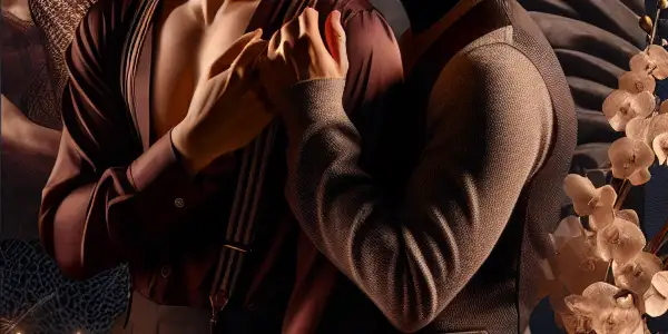 Two men share an intimate moment in a dimly lit, romantic setting filled with elegant decor and subtle storytelling elements.