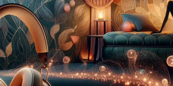 An intimate room with headphones on velvet, sound waves, and a serene figure enjoying ASMR relaxation.