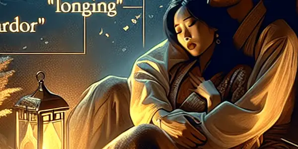 A couple embraces in a dimly lit setting, symbolizing passion and desire, with hints of the film industry.