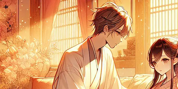 A romantic scene featuring intimate characters in a softly lit, cozy room with a dreamy atmosphere.