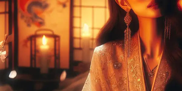 A romantic scene featuring a mysterious woman amidst falling cherry blossoms, candlelight, and elements of Japanese culture.