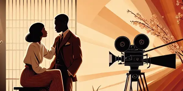 A vintage film set featuring two characters in a passionate moment, surrounded by cinematic elements and subtle Japanese influences.
