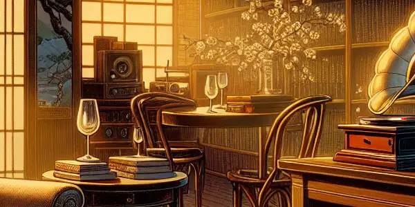 A cozy, intimate room with an armchair, bookshelves, and a vintage record player, evoking a seductive atmosphere.