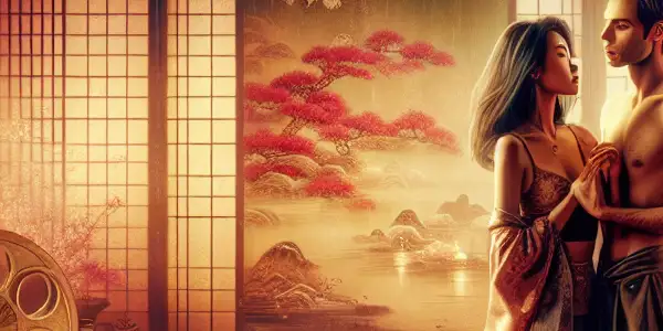 A couple shares an intimate moment in a luxurious Japanese bedroom, surrounded by traditional decor and warm lighting.