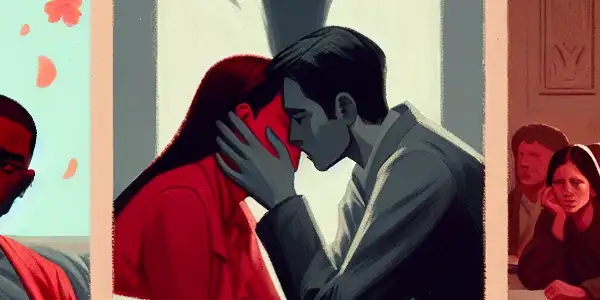 A triptych depicting emotional tones: romance under cherry blossoms, a figure in despair, and a calm classroom discussion.