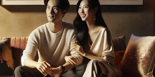 A cozy modern living room with a young couple watching a vibrant film, surrounded by stylish Asian decor and snacks.